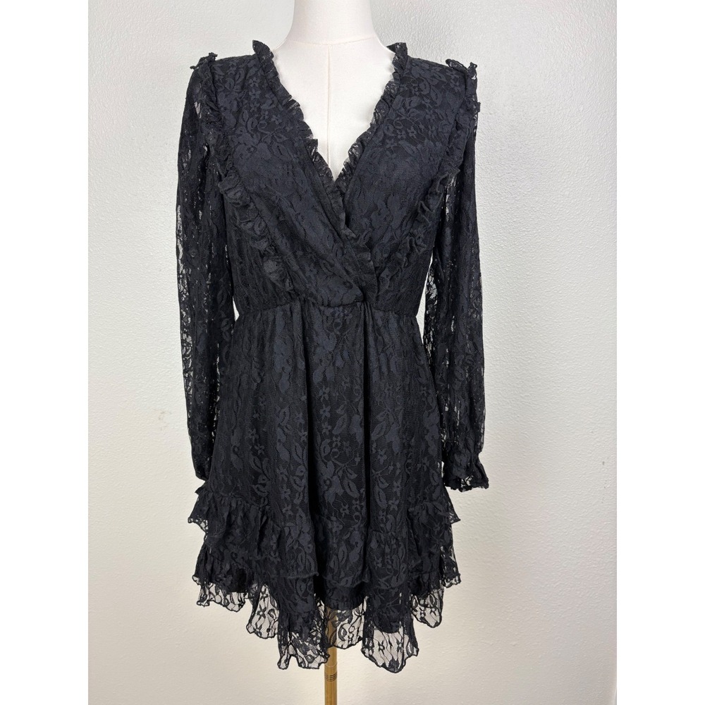 Whimsigoth Victorian Small Black Lace Ruffle Mini Dress Long Sleeve Cowgirl Date